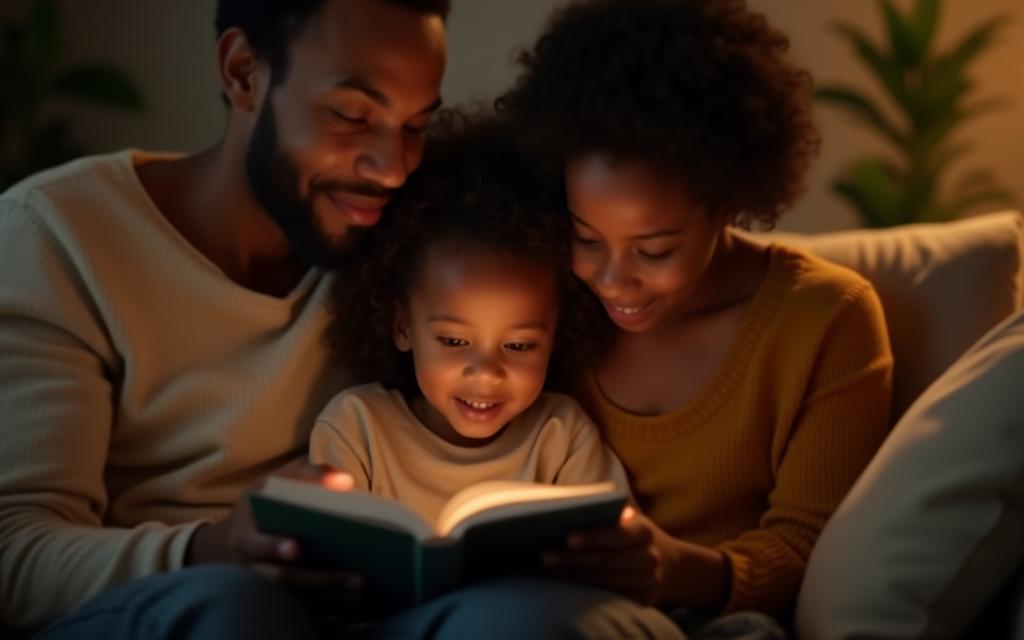 Happy family reading together on a couch, warm lighting